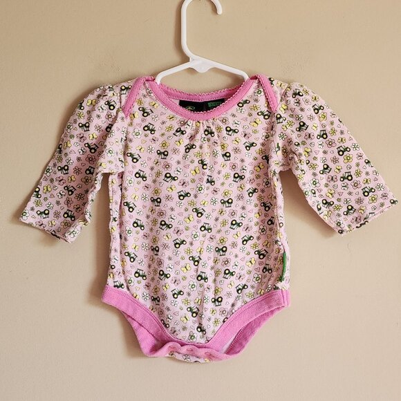 John Deere Baby Girl Pink Green Tractor Long Sleeve Onesie Size 3/6 Months - Picture 1 of 6